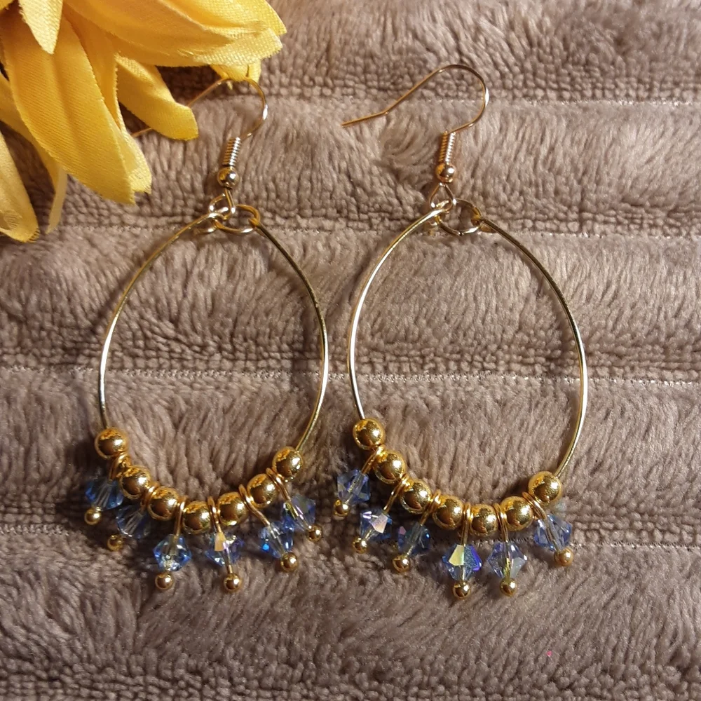 Handcrafted Hoop Gold and Blue Dangle Earrings. - Picture 2 of 3